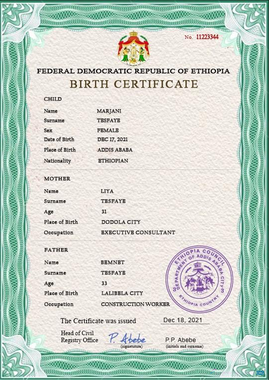 Download Ethiopia birth certificate PSD template Photoshop template